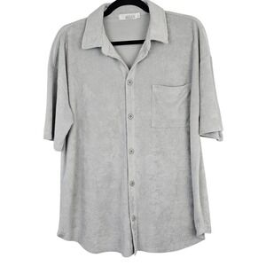 Barefoot Dreams Beach Gray Terry Cloth Short Sleeve Button‎ Up Shirt Top Large